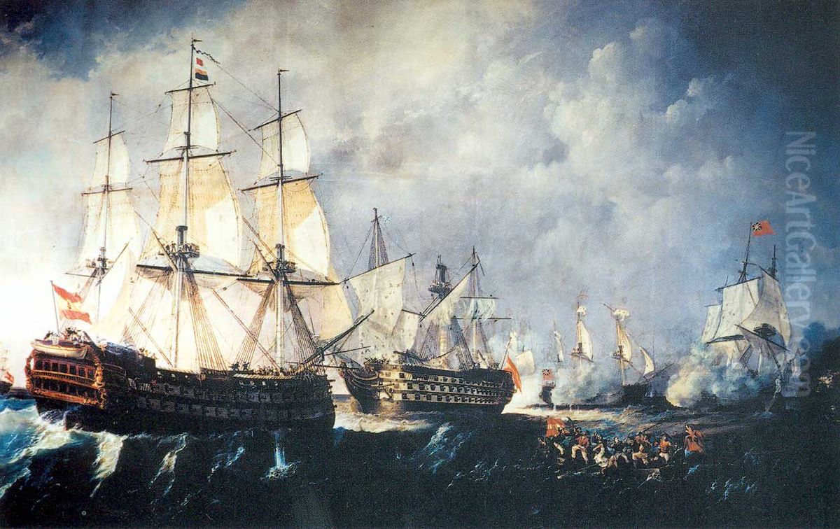 El navio Pelayo acude en auxilio del Santisima Trinidad durante la batalla del Cabo de San Vicente Oil Painting by Antonio de Brugada
