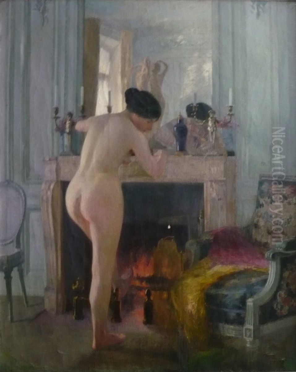 Femme qui se chauffe Oil Painting by Albert Dagnaux
