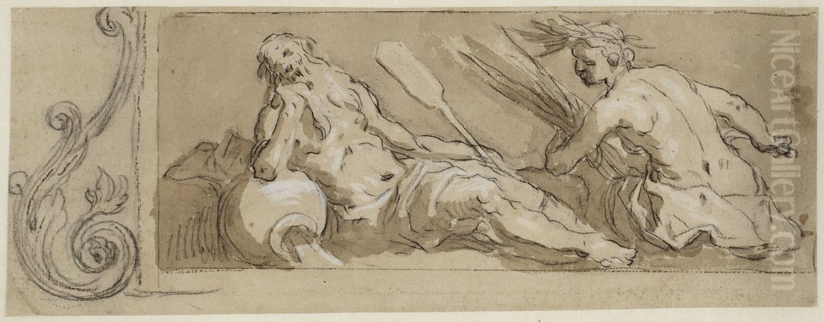 En flodgud och Ceres i en dekorativ ram Oil Painting by Abraham Bloemaert