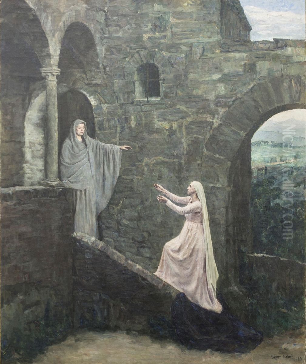 Marias besok hos Elisabeth. Oil Painting by Signe Scheel