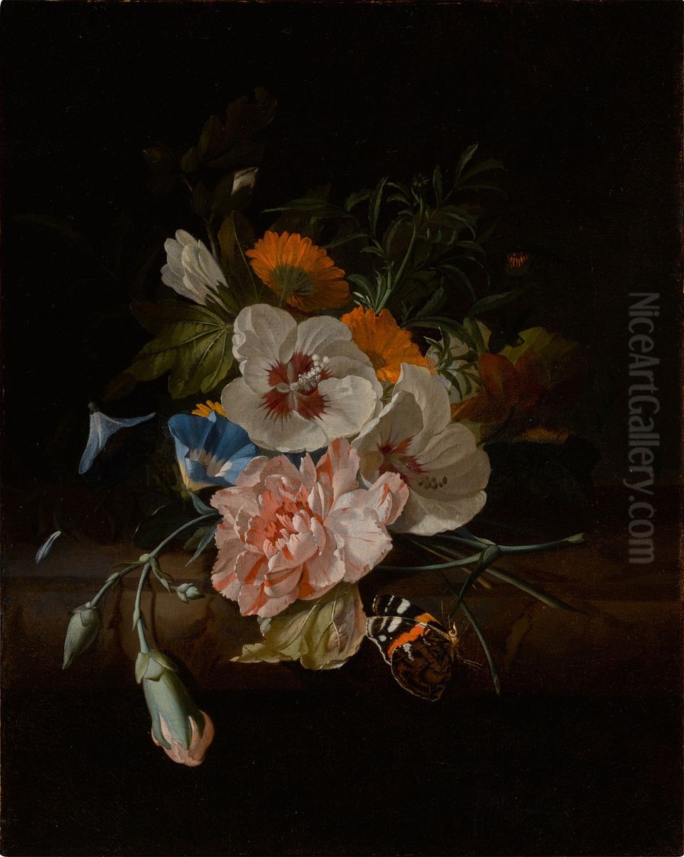 Still life of carnations, hibiscus, morning glories, and other flowers on a ledge, with a butterfly Oil Painting by Rachel Ruysch