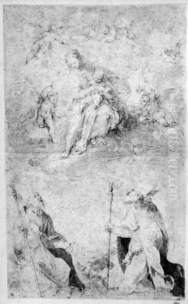 Two bishop saints adoring the Virgin and Child in heaven Oil Painting by Francesco Vanni