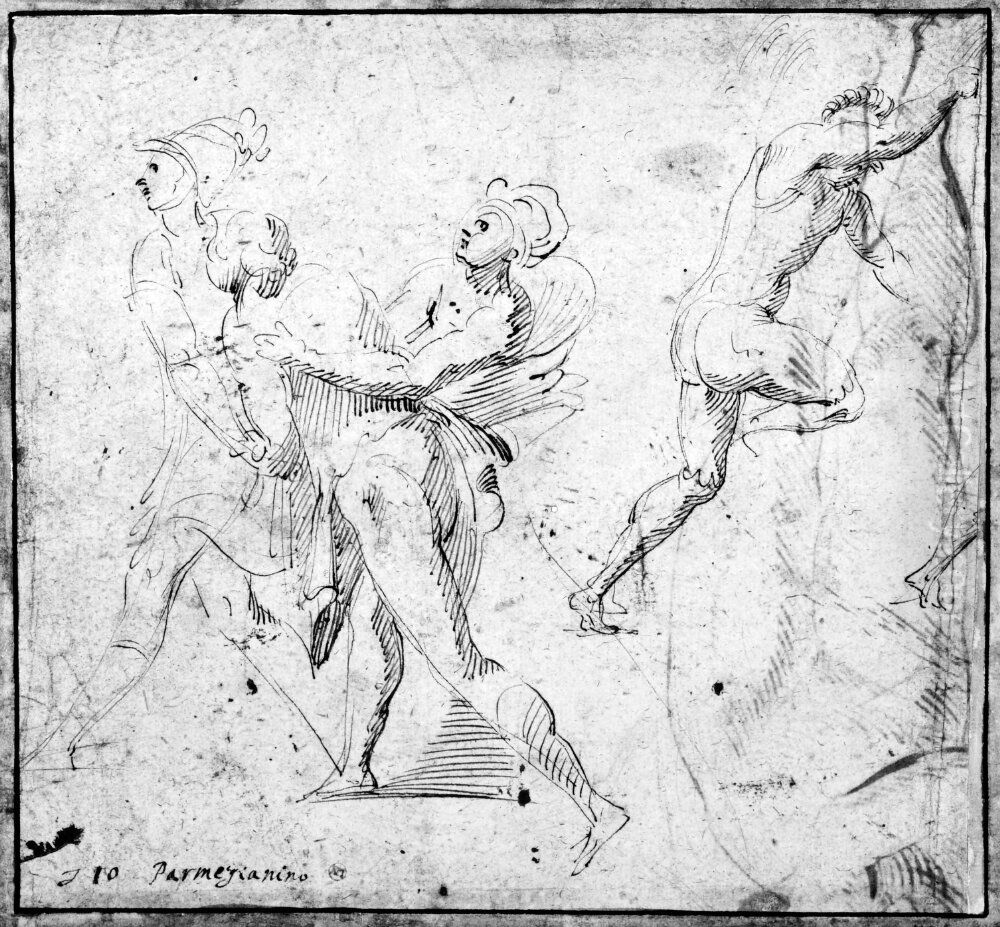 A couple of soldiers dragging of a prisoner (left) and a nude man striking out (right) Oil Painting by Polidoro Da Caravaggio (Caldara)