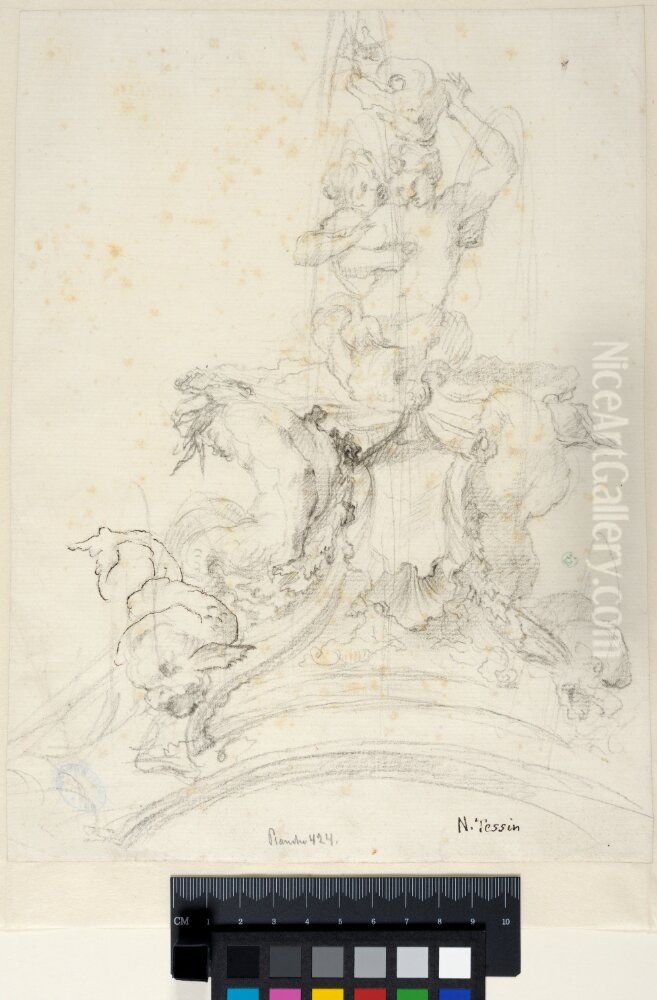 Shell-shaped Fountain Supported by Tritons with an Interlaced Triton and Siren Oil Painting by Nicodemus Tessin the Younger