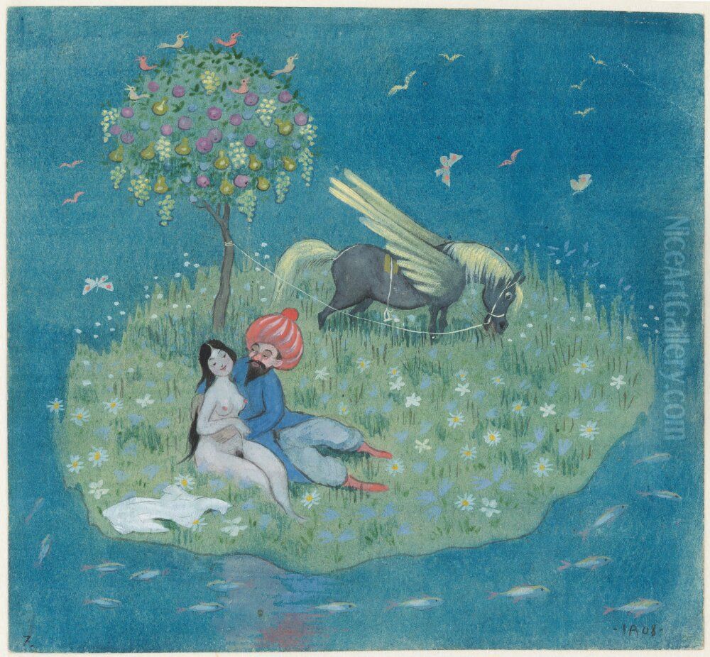 Ben Onis drom. Serie om 8 akvareller. 7, Nu har solen runnit upp och vinghasten landat pa en underbar o Oil Painting by Ivar Arosenius