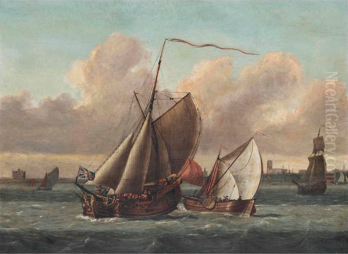 An Admiralty Yacht in crowded waters in a stiff breeze off Gravesend Oil Painting by L. De Man
