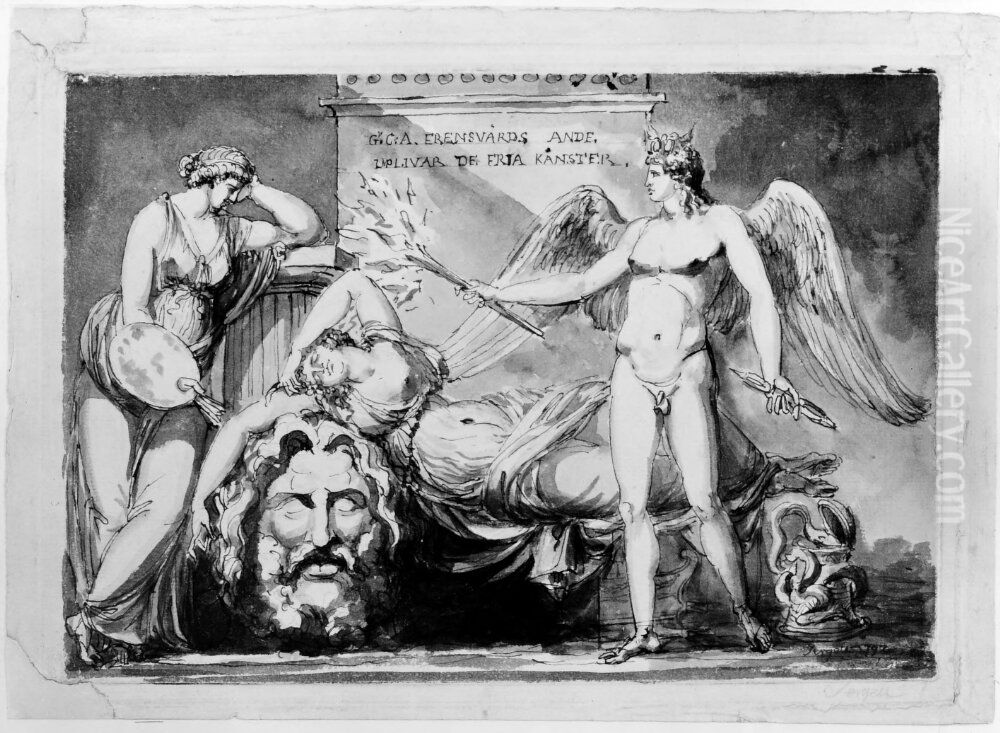 Greve C.A. Ehrensvards ande upplivar de fria konster Oil Painting by Johan Tobias Sergel