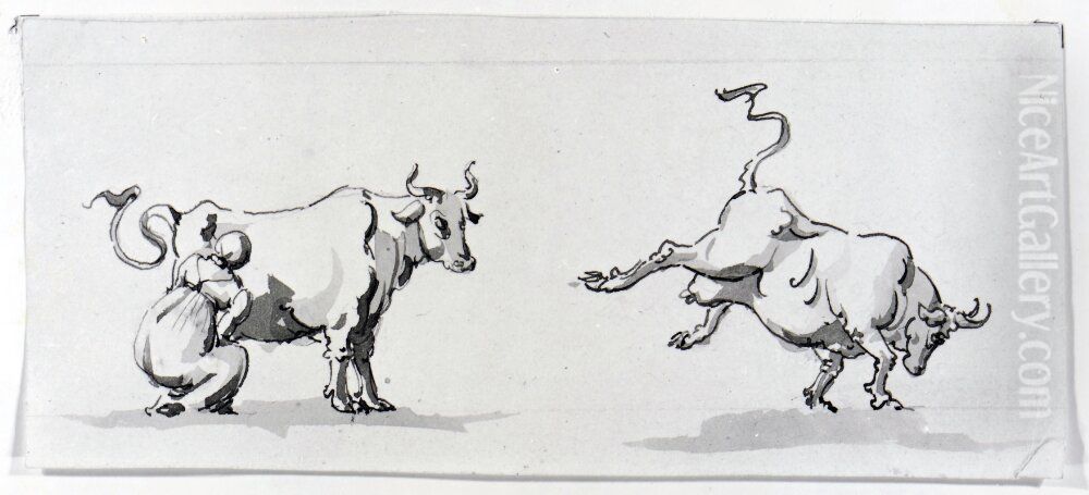 Kor och mjolkerska Oil Painting by Carl August Ehrensvard