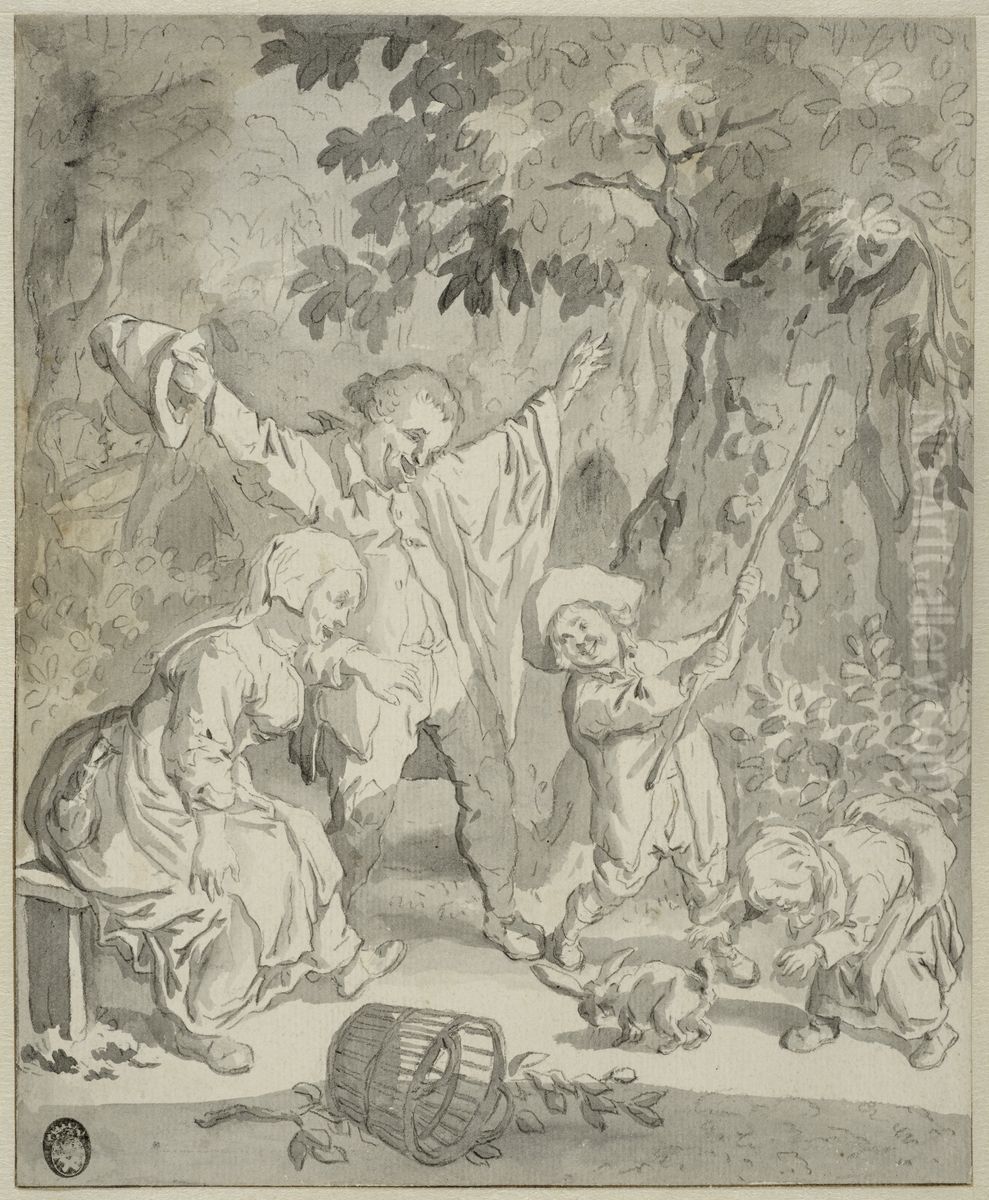 Familj som leker med en kanin Oil Painting by Cornelis Dusart