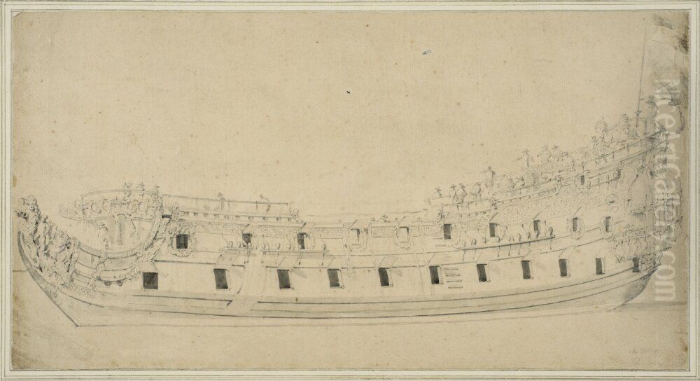 British Two-Decked Man-of-War, Starboard View Oil Painting by Willem van de Velde the Younger