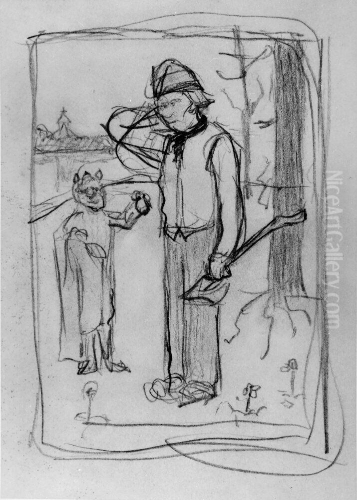 Skoggshuggaren och fattigfan, skiss Oil Painting by Hugo Simberg