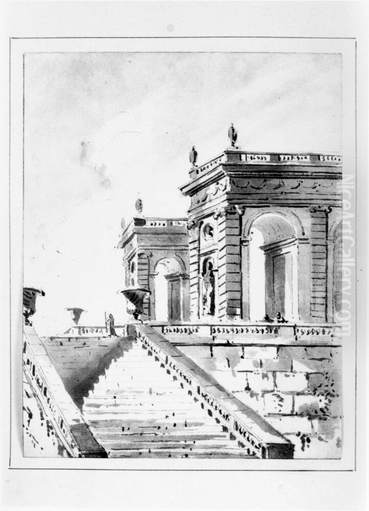 Palatsterass med loggior trappor mm Oil Painting by Jean Eric Rehn