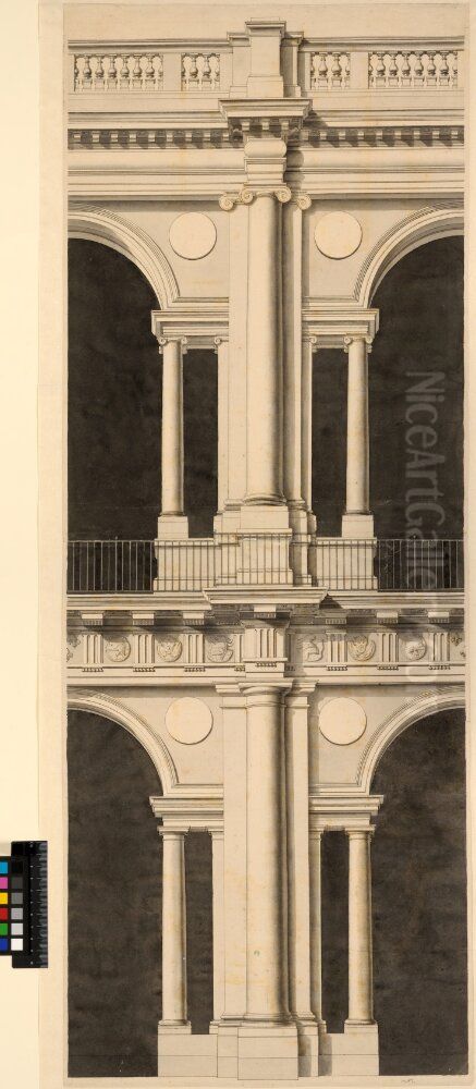 The Louvre, Paris, Tessin's First Proposal. Elevation of the arcade system of the central courtyard Oil Painting by Goran Josuae Adelcrantz