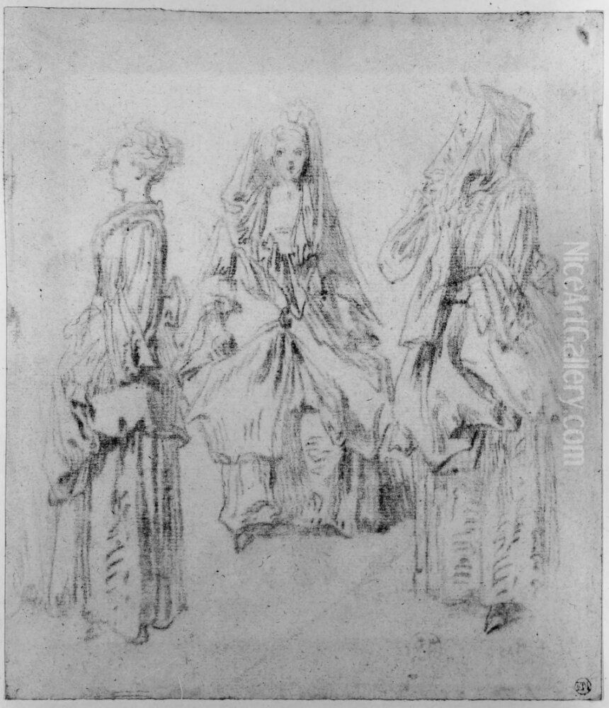 Tre kvinnostudier, en sittande och tva staende kvinnor Oil Painting by Jean-Antoine Watteau