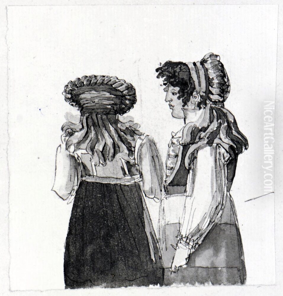 Allmogedrakter. Skansk bondflicka sedd bakifran och fran sidan Oil Painting by Carl August Ehrensvard