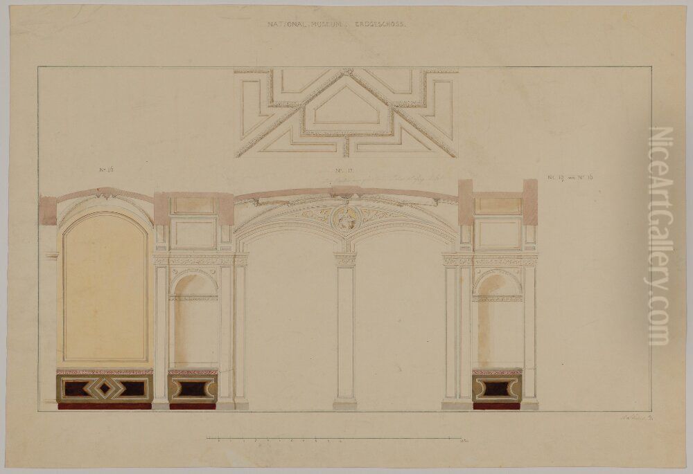 Nationalmuseum. Vaggsektion och del av tak, bottenvaningen Oil Painting by Friedrich August Stuler
