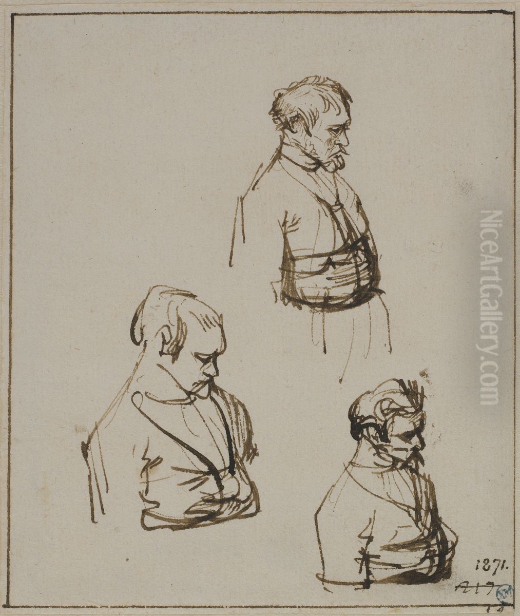 Tre studier av en man sedd i profil Oil Painting by Rembrandt