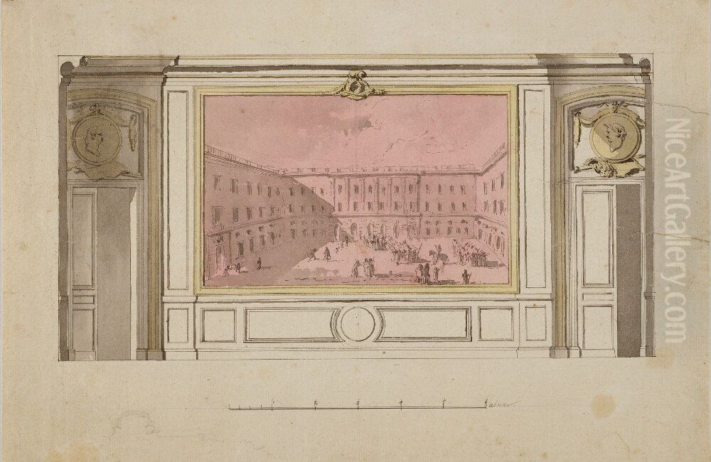 Matsal pa Rosersberg. I mitten stor Hillestromsmalning. Pa sidorna tva dorrar med medaljonger i overstyckena Oil Painting by Jean Eric Rehn