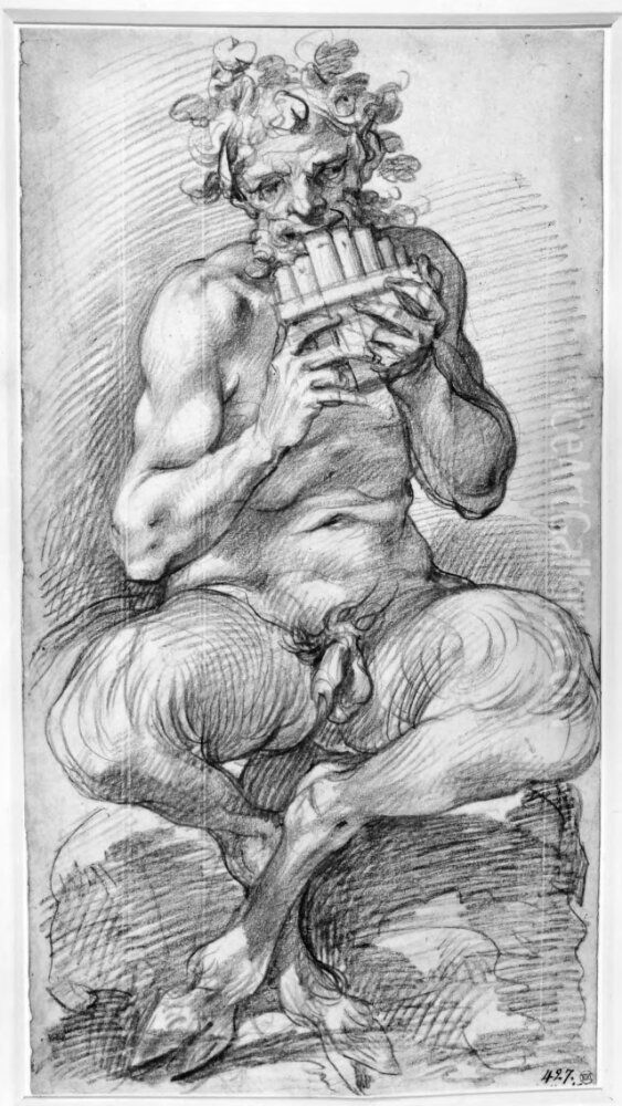Satyr sitting on a stone, playing a syrinx Oil Painting by Giuseppe Cesari