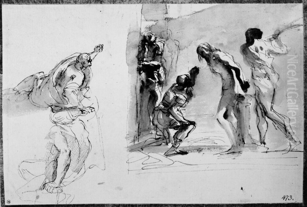 The Flagellation of Christ. The mocking figure repeated Oil Painting by Pier Francesco Mola