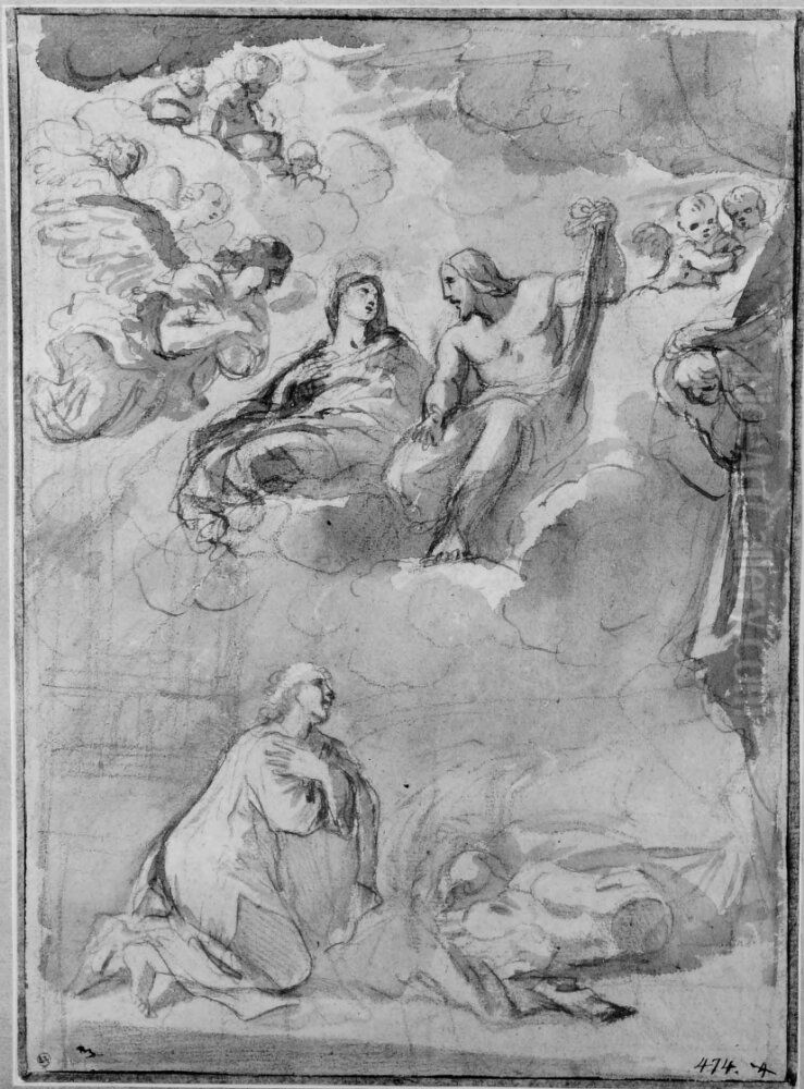 A Vision of Christ and the Madonna. In the foreground a kneeling young man Oil Painting by Pier Francesco Mola