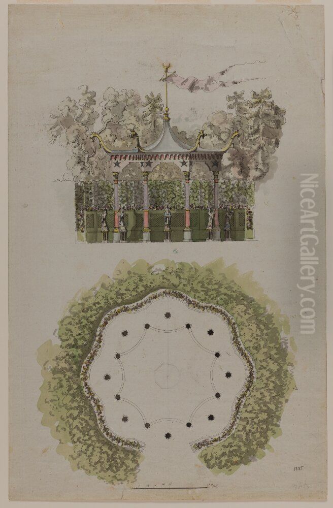 The Chinese Pavillon at Haga. Elevation and plan Oil Painting by Louis Jean Desprez