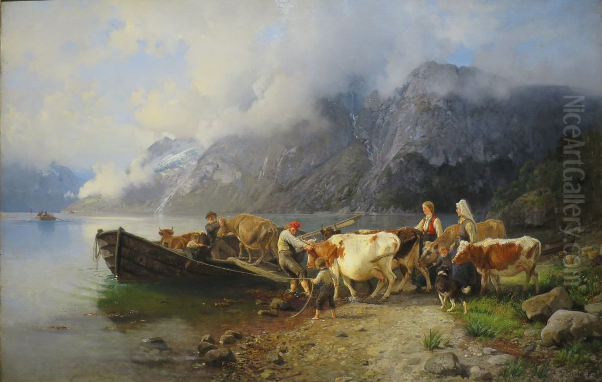 Fjord Landscape with Cattle Oil Painting by Anders Askevold