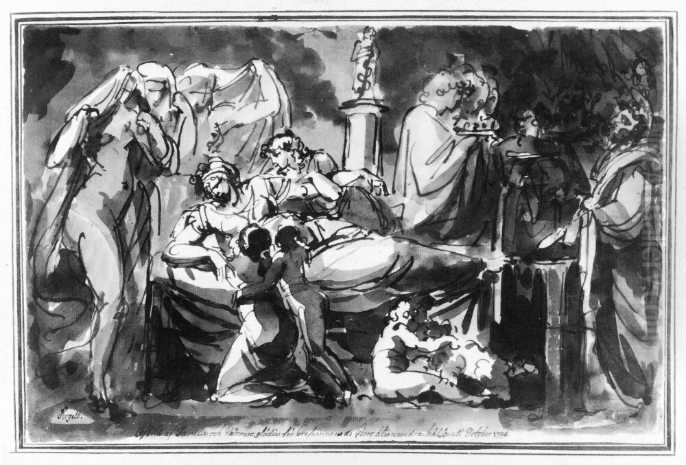 Avbild av familj och vanners gladje for grevinnand de Geers aterfunna halsa Oil Painting by Johan Tobias Sergel