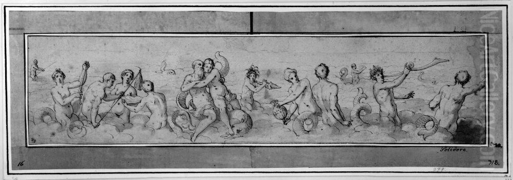 Tritoner och Nerider Oil Painting by Polidoro Da Caravaggio (Caldara)