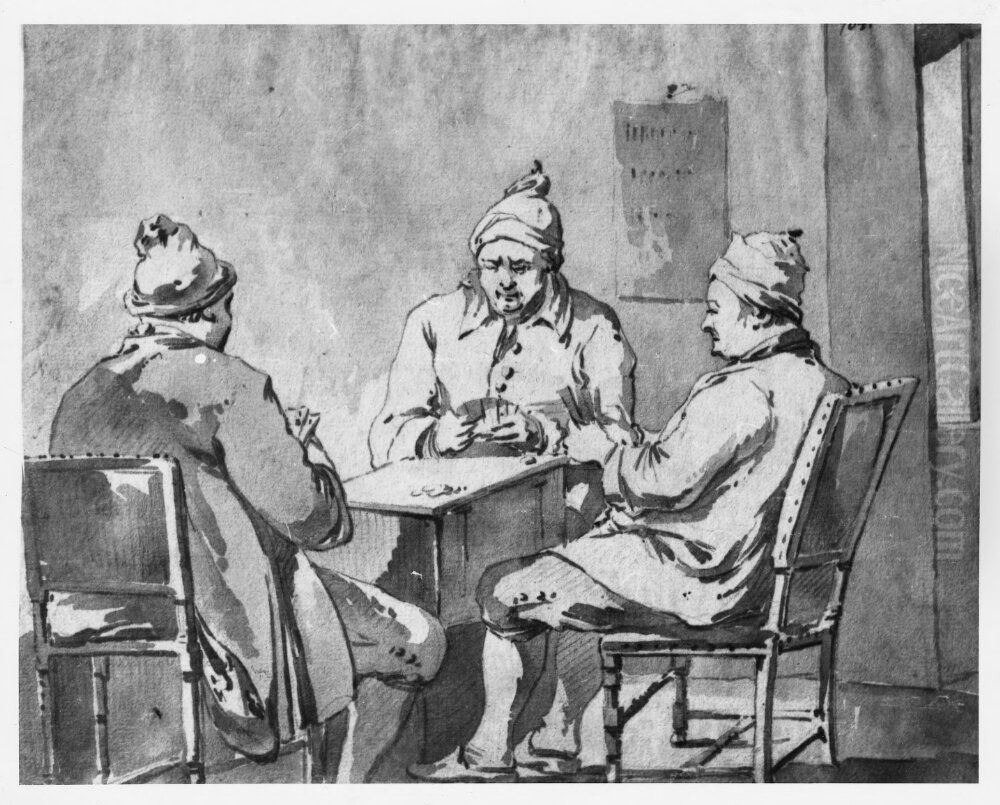 Tre man i nattmossa och uniformsrockar spela kort Oil Painting by Jean Eric Rehn