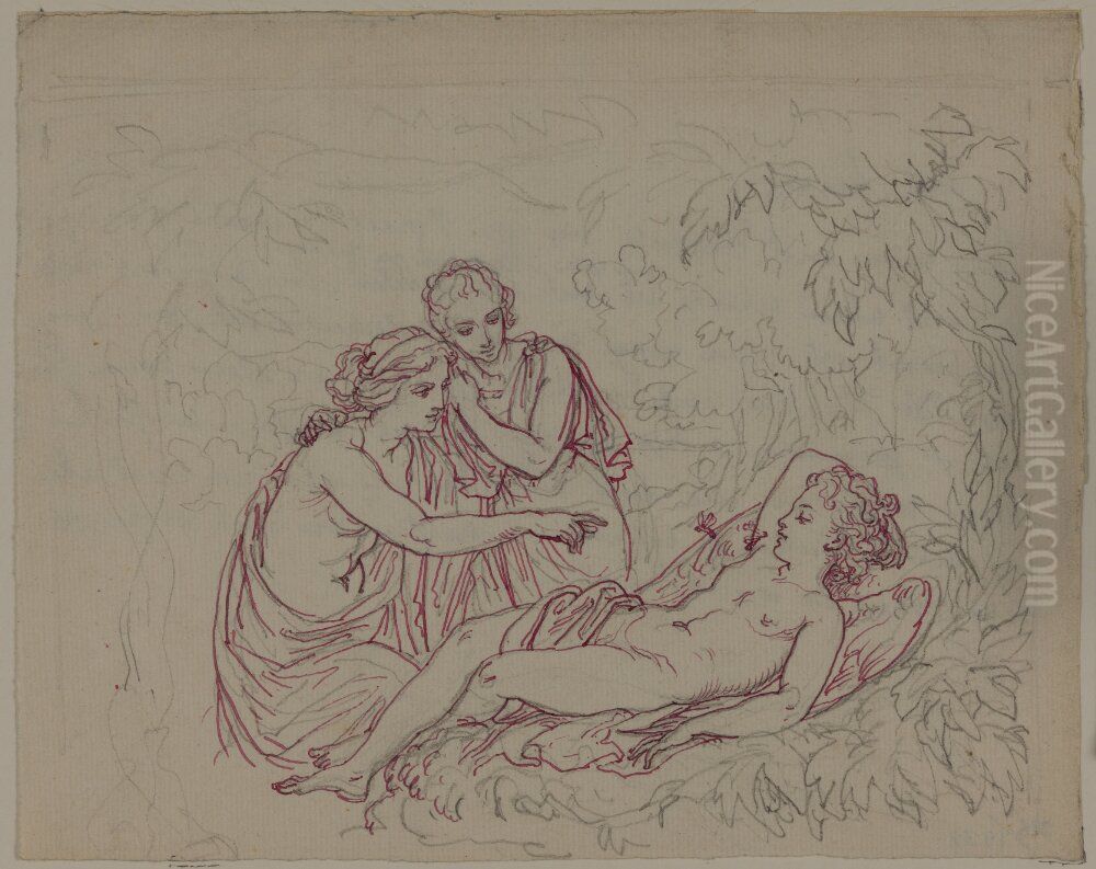 Slumrande Amor betraktas av tva kvinnor Oil Painting by Lorenz Frolich