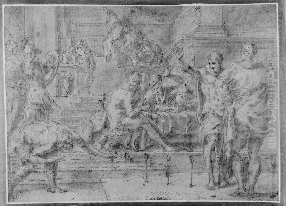 Odysseus skjuter med sin bage i narvaro av Penelopes friare Oil Painting by Francesco Primaticcio