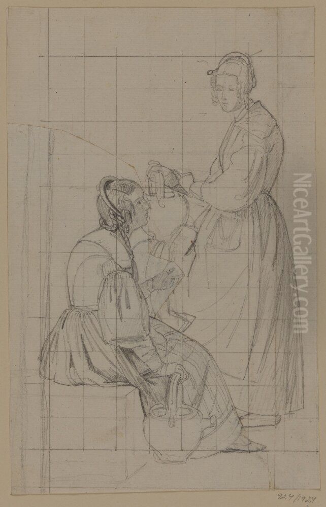 En sittande kvinna och en med sina vattenkrus Oil Painting by Albert Kuchler