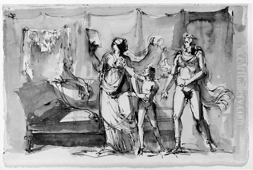 Scen ur dramatiskt skadespel. Marcia laser vaxtavlan Oil Painting by Johan Tobias Sergel