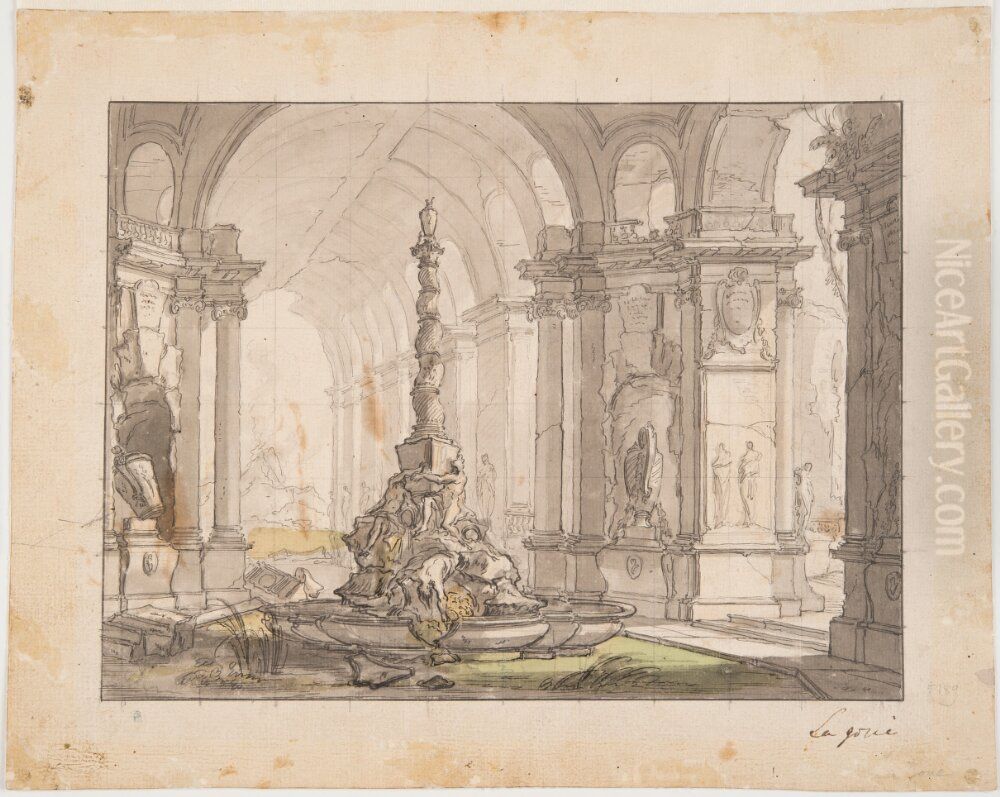 Fountain with twisted central column underneath a collonade Oil Painting by Jacques de Lajoue