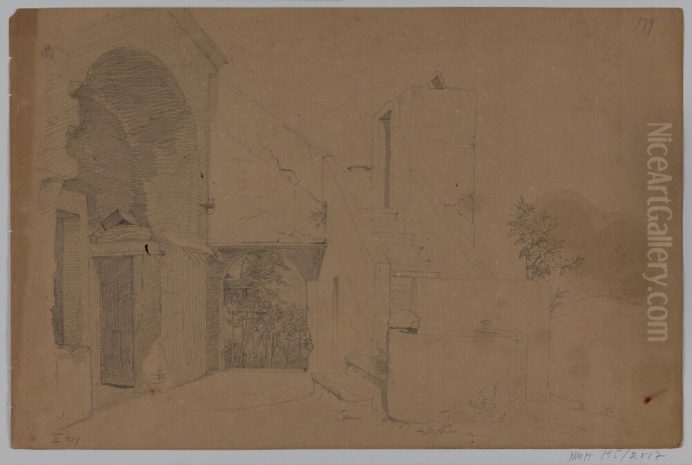 An Italian Courtyard With a Stair Oil Painting by Wilhelm Marstrand