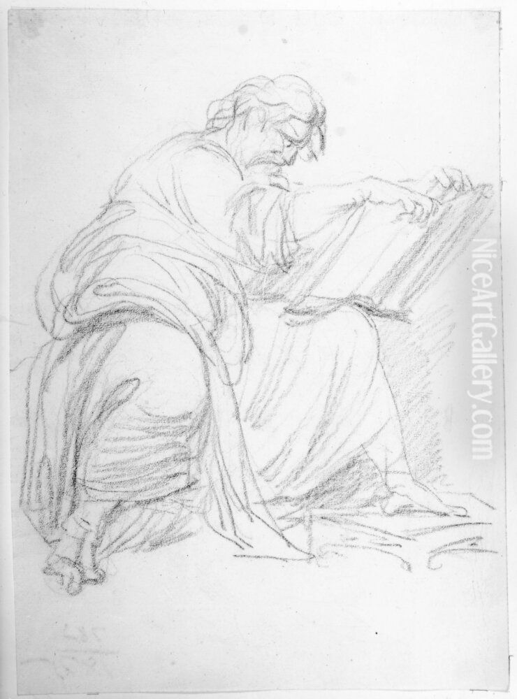 Skulptur forestallande manlig figur sittande i profil at hoger och lasande i bok. Evangelist Oil Painting by Johan Tobias Sergel