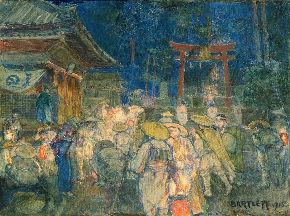 Temple on Lake Biwa, Night Oil Painting by Charles William Bartlett