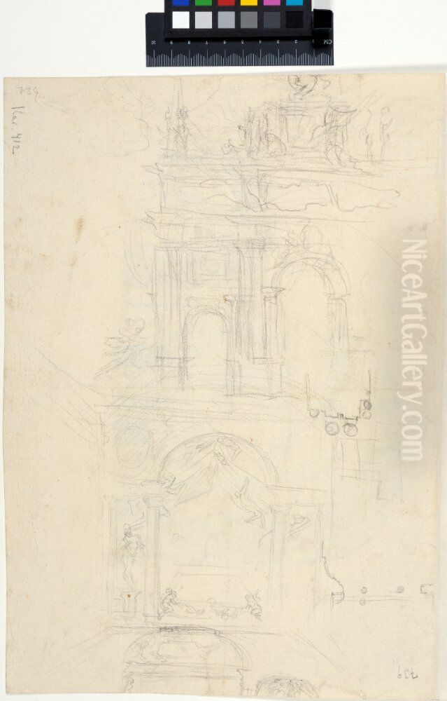 Studies for a Wall Elevation and Vault Profile of a State Bedchamber with Alcove. Also a study for a triumphal arch Oil Painting by Nicodemus Tessin the Younger