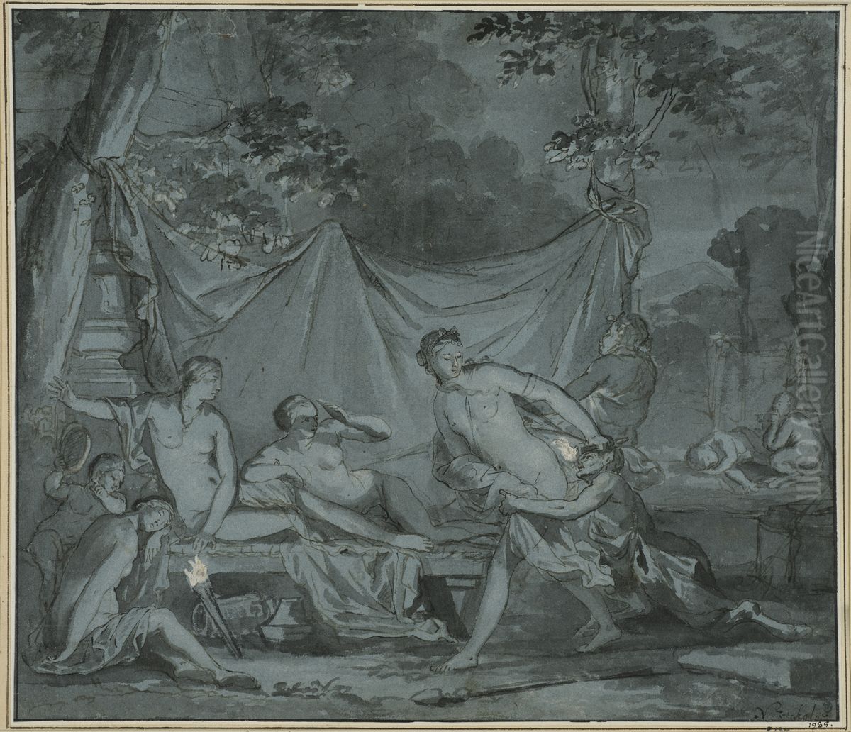 Satyrer overraskar nakna kvinnor Oil Painting by Nikolaas Verkolje