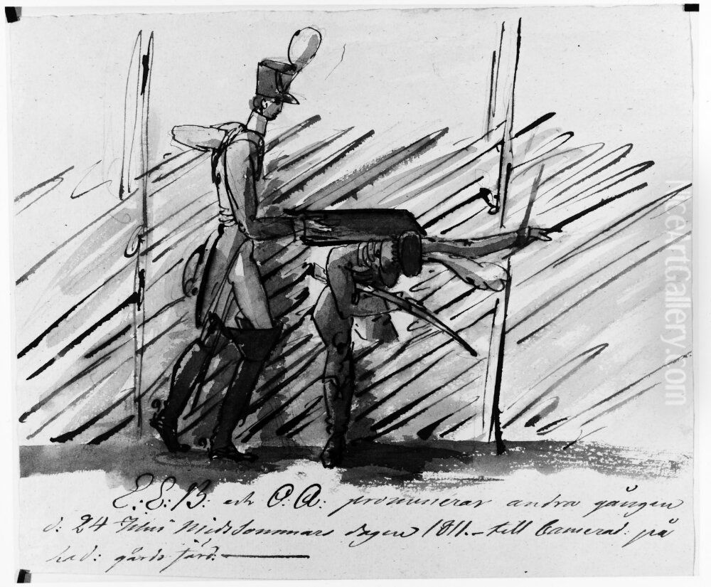 C E B och A O promenerar andra gangen den 24 juni midsommardagen 1811 till camerad Oil Painting by Per Otto Adelborg