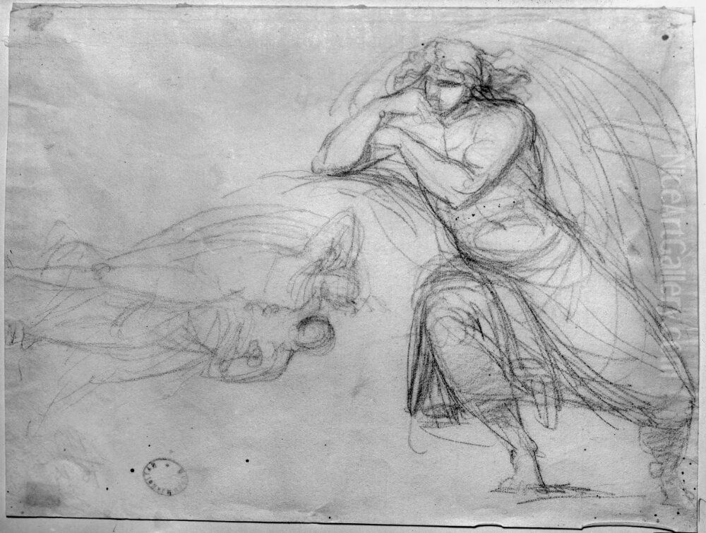 Merkurius och Psyke, I, skiss till skulptur samt sittande mansgestalt Oil Painting by Johan Tobias Sergel