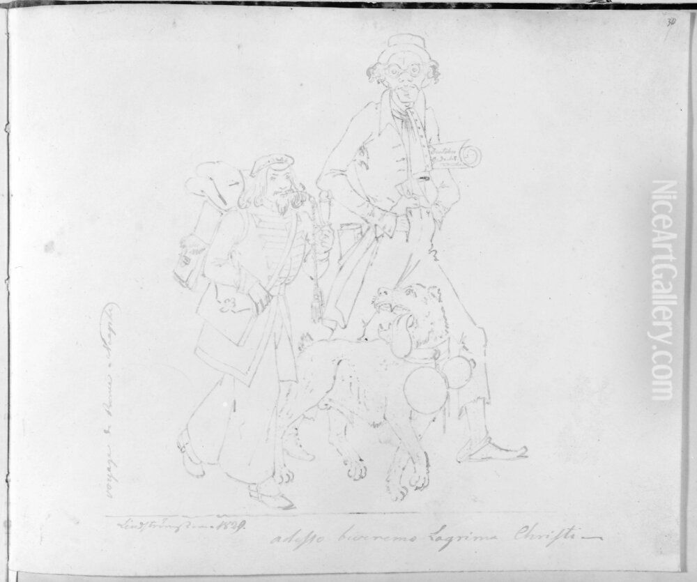 Tva man och en hund pa vandring, helfigur. Ingar i skissbok innehallande 30 blad med italienska folklivsscener Oil Painting by Carl Jacob Lindstrom