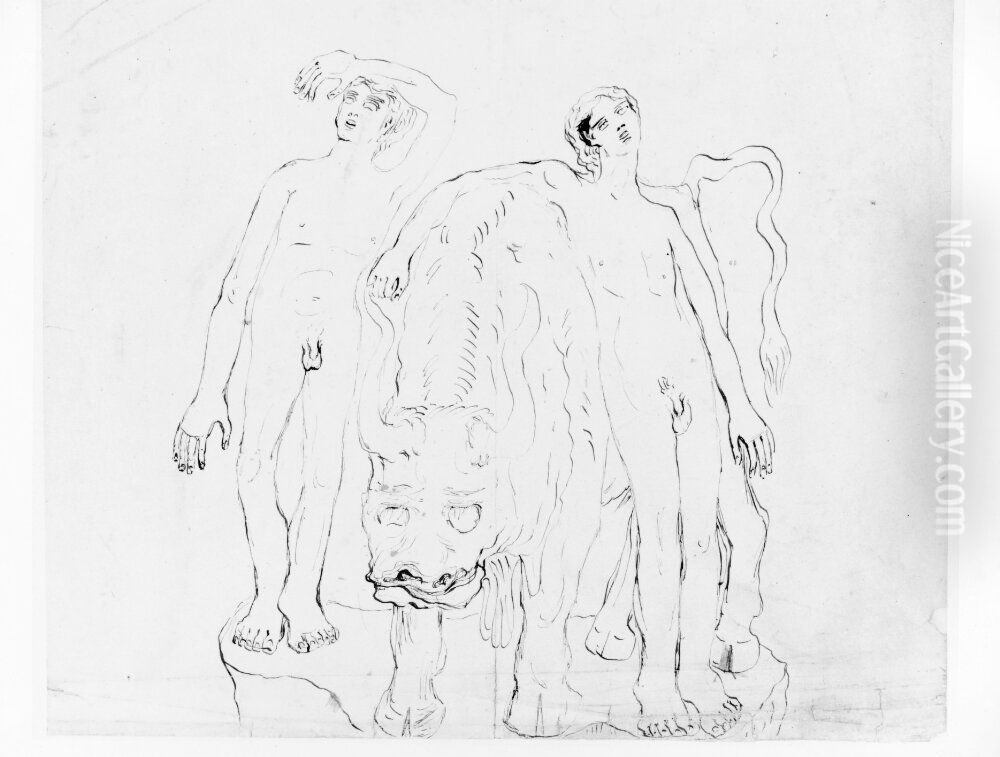 Tva nakna man lutar sig mot en tjur Oil Painting by Carl Fredrik Hill