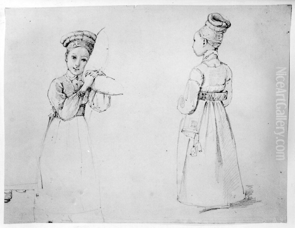 Tva flickor i folkdrakt Oil Painting by Josef Wilhelm Wallander