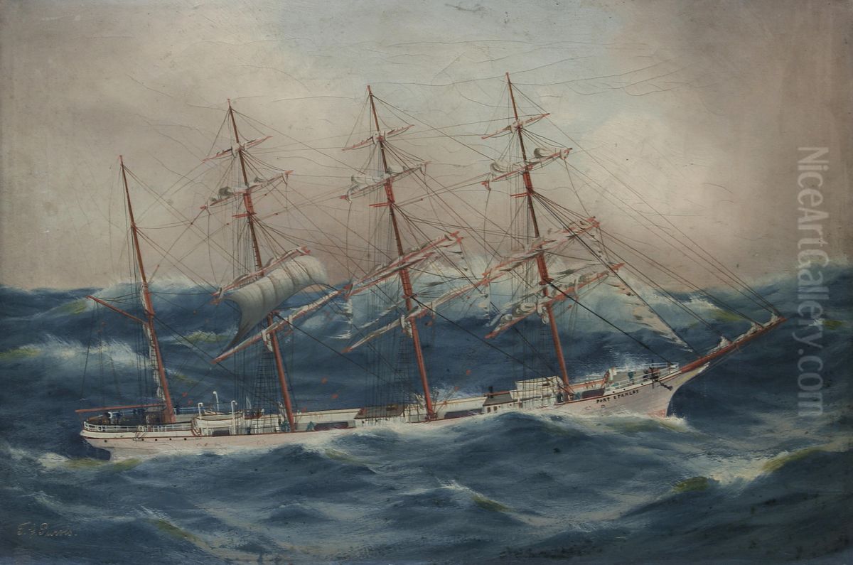 'Port Stanley', a four masted barque in a heavy sea, probably rounding Cape Horn Oil Painting by Thomas G. Purvis