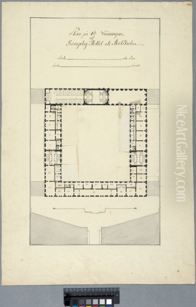 The Royal Palace in Stockholm. Third floor plan, with alternative room divisions showing on four flaps Oil Painting by Nicodemus Tessin the Younger
