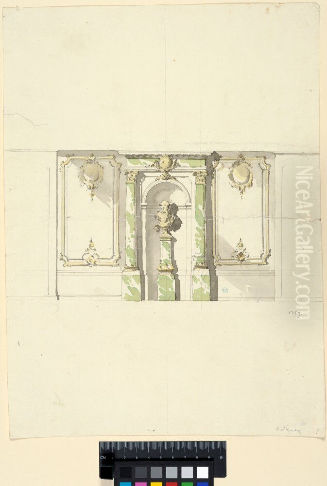 Wall Decor with a Sculpture Niche between Two Composite Pilasters. Above the niche is the lesser Swedish coat of arms Oil Painting by Jean Eric Rehn