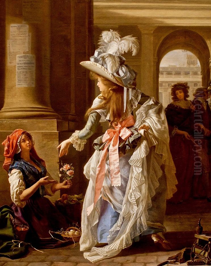 Portrait d'une elegante sous les galeries du Palais Royal Oil Painting by Michel Garnier