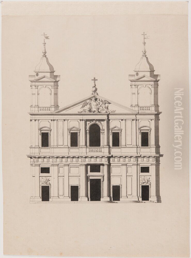 Alternativt fasadforslag till Karlskrona stadskyrka, med svenska riksvapnet. Oil Painting by Jean Eric Rehn